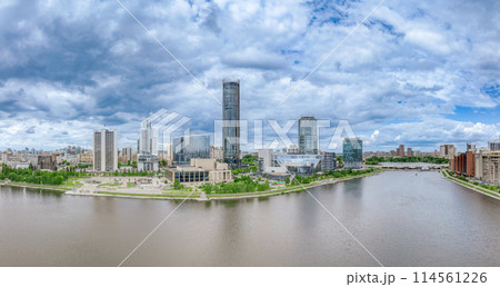 Yekaterinburg city with Buildings of Regional Government and Parliament, Dramatic Theatre, Iset Tower, Yeltsin Center, panoramic view at summer sunset. 114561226