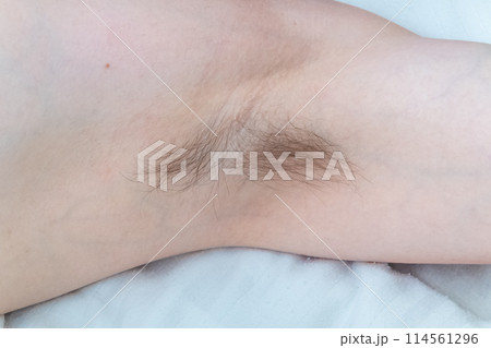 Closeup of long dark hair growing under arm of young female. Concept of hygiene, natural beauty, feminity and body hair growth Closeup of long dark hair growing under arm of young female. Concept of hygiene, natural beauty, feminity and body hair growth 114561296