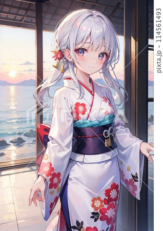 夕日に照らされた着物の女性 夕日に照らされた着物の女性 114561493