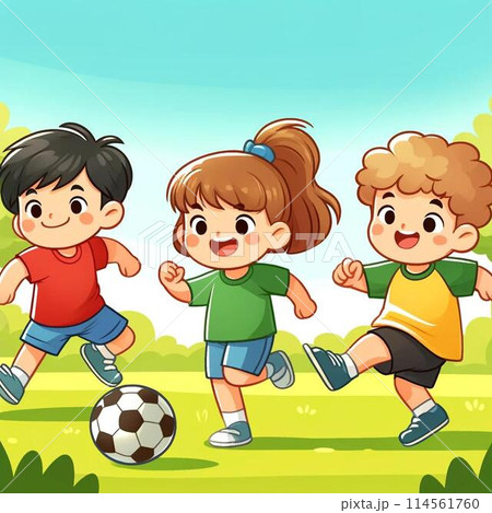 サッカーをする多国籍の子供たち 114561760