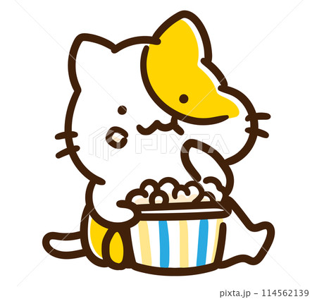 ポップコーンを食べるかわいいねこのキャラクターのコミカルなイラストのイラスト素材 [114562139] - PIXTA
