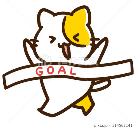 マラソンでゴールするかわいいねこのキャラクターのデフォルメイラスト 114562141