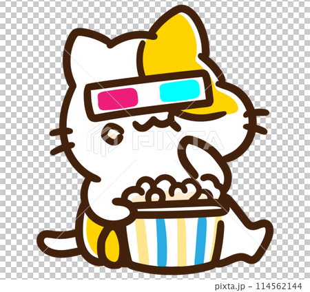 A deformed illustration of a cute cat character eating popcorn while wearing 3D glasses 114562144