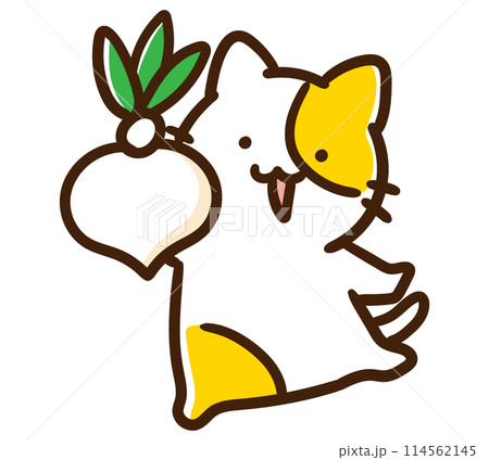 大きな株を収穫するかわいいねこのキャラクターのデフォルメイラスト 114562145