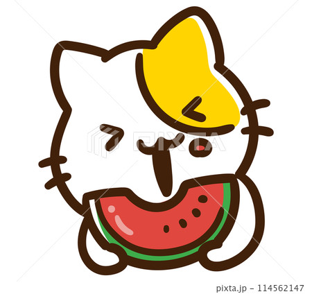 スイカを嬉しそうに食べるかわいいねこのキャラクターのデフォルメイラスト 114562147