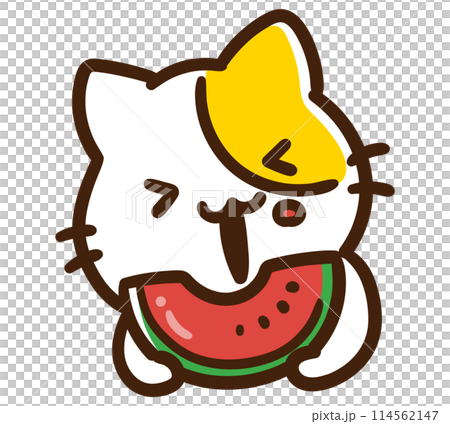 スイカを嬉しそうに食べるかわいいねこのキャラクターのデフォルメイラスト 114562147