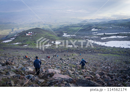 Hikers descending to the mountain camp just before sunset, Mount Ararat in Turkey Hikers descending to the mountain camp just before sunset, Mount Ararat in Turkey 114562174