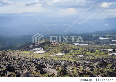 View on a mountain tent camp set in the middle of highlands landscape, Mount Ararat in Turkey 114562177