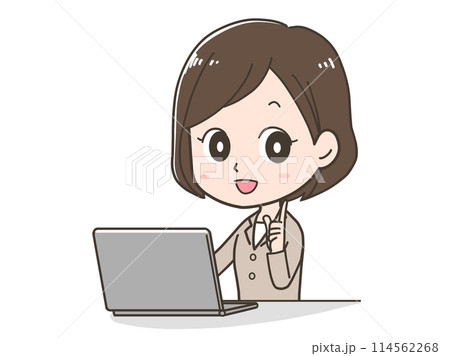 パソコンの前で指差しをするビジネスウーマンのイラスト 114562268
