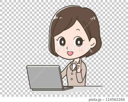 パソコンの前で指差しをするビジネスウーマンのイラスト 114562268