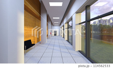 日光が差し込む廊下 114562533