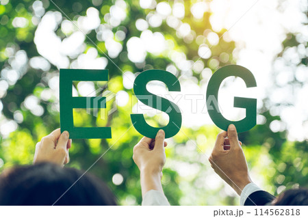Hands of business team holding ESG text, Environmental, social and corporate governance concept. 114562818