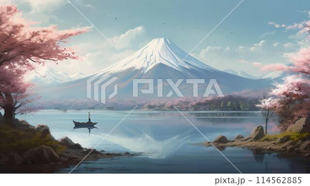 A large mountain with a snow cap at the top in japan with cherry blossoms in the background of a cystic lake landscape. AI generated 114562885