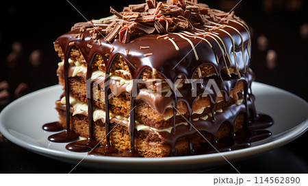 Delicious fresh chocolate brownie cake covered with chocolate delicious in a cafe or bakery on a white plate. AI generated 114562890