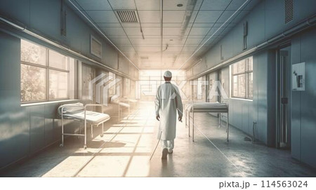 Doctor medical worker stands in the corridor in the hospital medical facility view from the back. AI generated 114563024