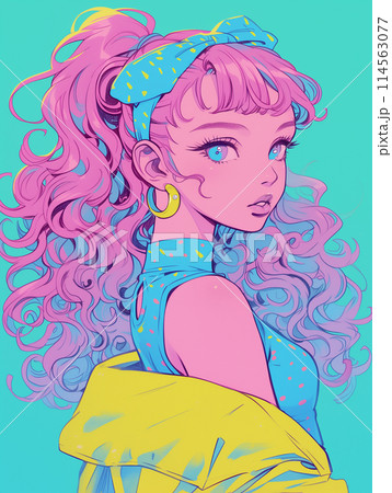 レトロポップなカラーの女の子のイラスト レトロポップなカラーの女の子のイラスト 114563077