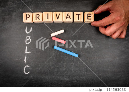 Public private partnership concept. Wooden block crossword puzzle and pieces of chalk on a 114563088