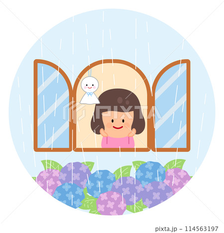 雨の日の風景イラスト(女の子) 114563197