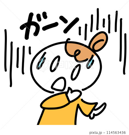 漫画風　ショックを受けて驚く女性　ガーン　効果音　白目を向く　顔面蒼白　可愛い線画イラスト 114563436