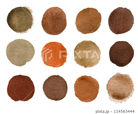 Set of brown watercolor circles isolated on a white background. Watercolour brown, red, chocolate, coffee circles Set of brown watercolor circles isolated on a white background. Watercolour brown, red, chocolate, coffee circles 114563444
