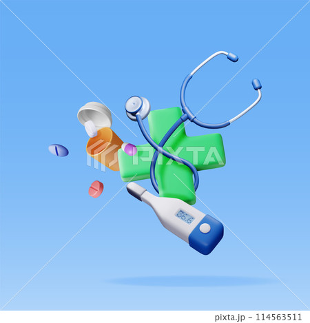 3d first aid kit with stethoscope, thermometer 114563511