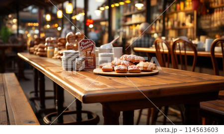 Fresh buns bread pastry lies on the table in the cafe bakery selective focus blurred background. AI generated Fresh buns bread pastry lies on the table in the cafe bakery selective focus blurred background. AI generated 114563603