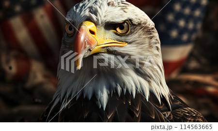 The head of an eagle against the background of the US flag as a symbol of America's independence. AI generated 114563665