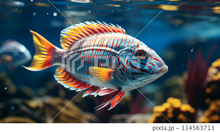 A beautiful multi-colored fish swims in the sea ocean underwater. AI generated 114563713