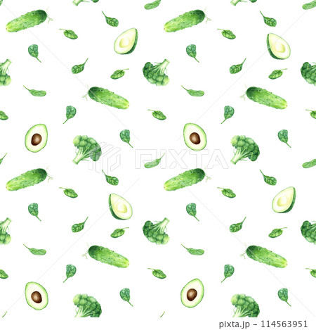 Seamless pattern with green healthy plants broccoli, spinach and avocado. Hand drawn watercolor illustration for wrapping wallpaper fabric textile 114563951