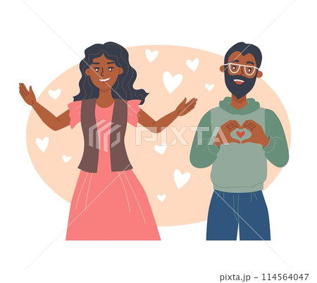 Sincere man and woman, flat characters. Grateful smiling girl opened her arms, the guy shows his heart. Vector illustration 114564047