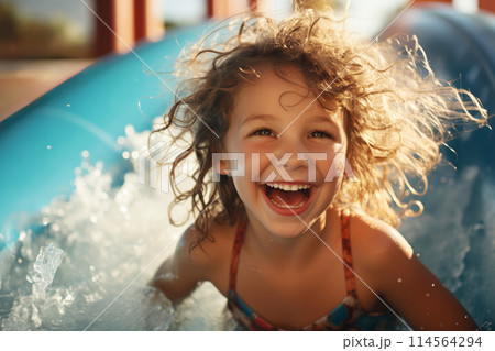portrait of happy little girl on water slide at aquapark 114564294