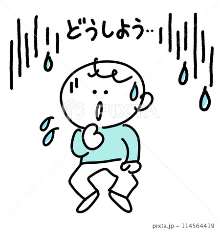 漫画風　不安でびくびくする男性　セリフ付き　どうしよう　冷や汗　可愛い線画イラスト 114564419