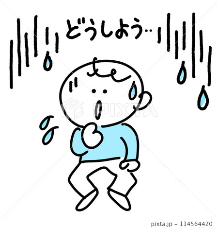 漫画風　不安でびくびくする男性　セリフ付き　どうしよう　冷や汗　可愛い線画イラスト 114564420