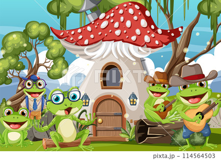 Frogs Enjoying Music Outside Mushroom House 114564503