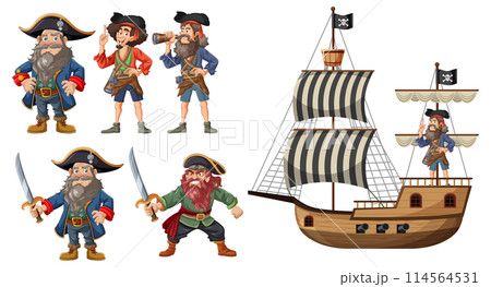 Colorful Pirate Crew and Ship Illustration 114564531