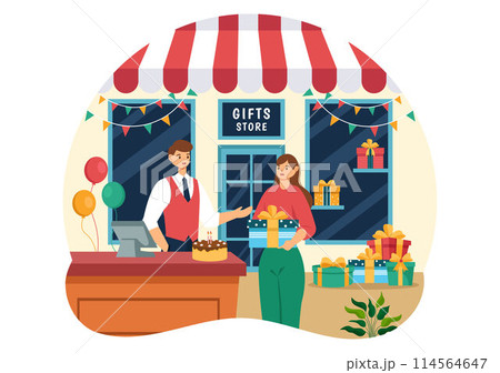 Gifts Store Vector Illustration of Wrapped Gift Box with Ribbon and Confetti to Surprise your Friends in Flat Cartoon Background Design 114564647