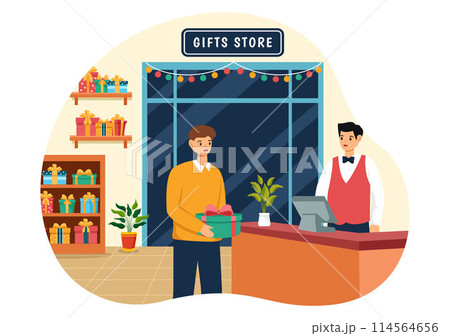 Gifts Store Vector Illustration of Wrapped Gift Box with Ribbon and Confetti to Surprise your Friends in Flat Cartoon Background Design 114564656