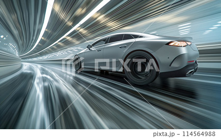 光に満ちたトンネルを疾走するスポーツカー。スピードとテクノロジーをコンセプチュアル 114564988