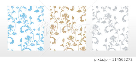Wallpapers in the style of Baroque. Seamless vector backgrounds. Set of colored floral ornaments. Graphic patterns for fabric, wallpaper, packaging. Ornate Damask flower ornaments 114565272