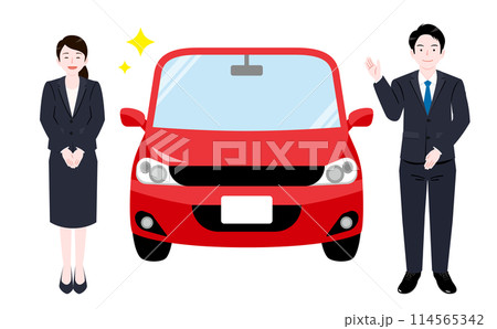 新車を販売営業する男性店員・女性受付スタッフのカーディーラーのイラスト素材 114565342