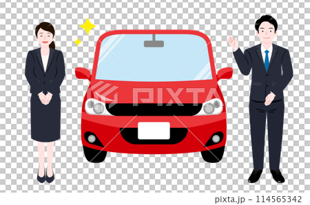 新車を販売営業する男性店員・女性受付スタッフのカーディーラーのイラスト素材 114565342