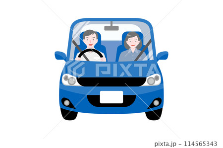 シニア夫婦が笑顔で青色の自動車に乗り、高齢者運転・ドライブしているイラスト シニア夫婦が笑顔で青色の自動車に乗り、高齢者運転・ドライブしているイラスト 114565343