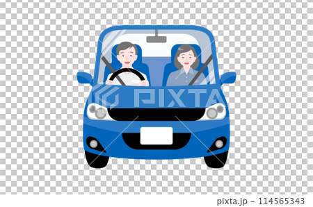 一對年長夫婦微笑著駕駛藍色汽車的插圖 一對年長夫婦微笑著駕駛藍色汽車的插圖 114565343