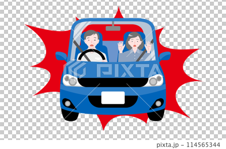 一對老年夫婦駕駛的藍色汽車造成危險駕駛並發生事故的插圖_危險老年駕駛形象 114565344