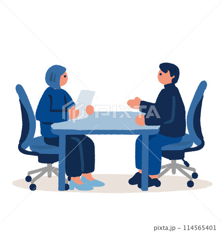 打ち合わせをする男女の手書きのイラスト 打ち合わせをする男女の手書きのイラスト 114565401