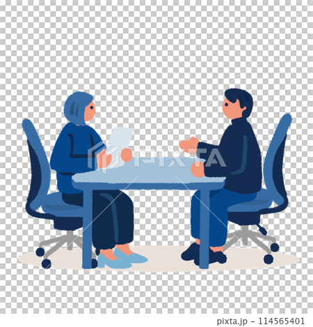 打ち合わせをする男女の手書きのイラスト 打ち合わせをする男女の手書きのイラスト 114565401