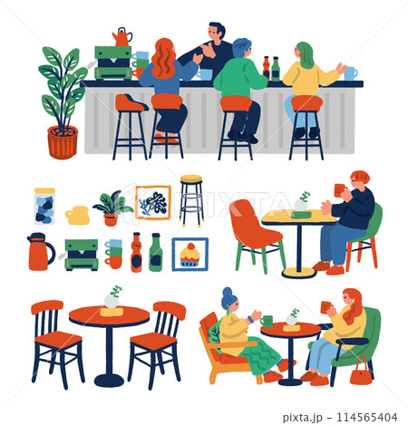 おしゃれなカフェのイラストセット おしゃれなカフェのイラストセット 114565404