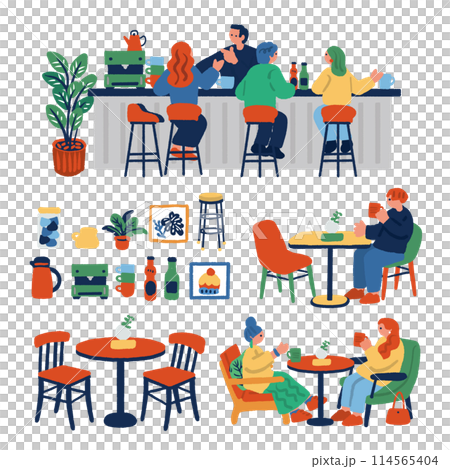 おしゃれなカフェのイラストセット おしゃれなカフェのイラストセット 114565404
