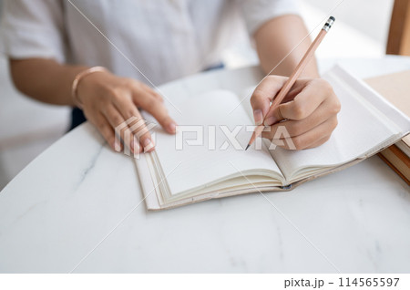 A cropped shot of a woman writing something in her notebook while sitting in a coffee shop. 114565597
