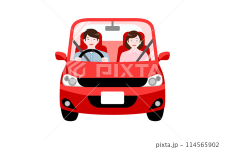 ドライブで車に乗る笑顔の夫婦・家族の正面イラスト_旅行・自動車保険・運転イメージ 114565902